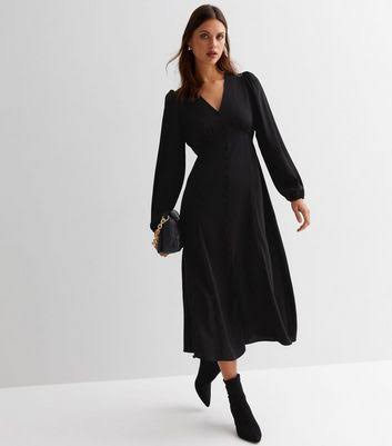 #25 New Look Women's Black Button Front Long Puff Sleeve Midi Dress